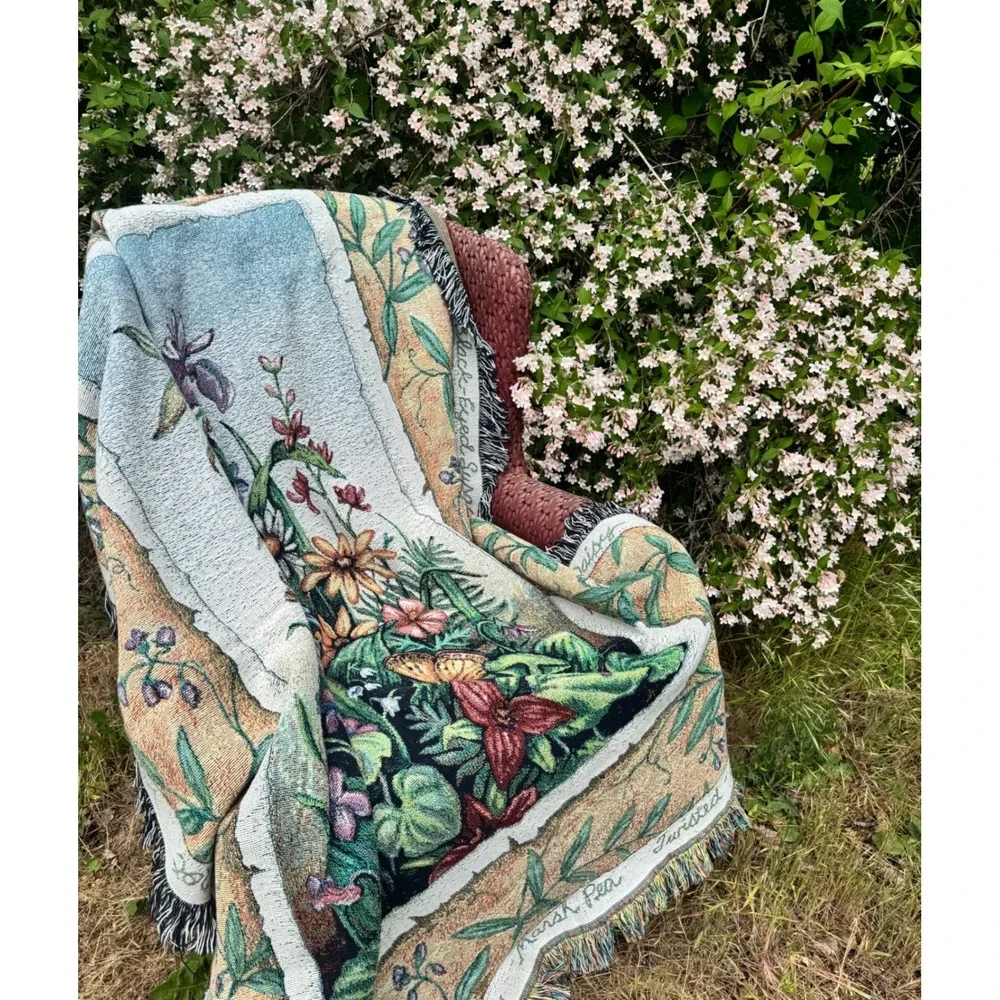 Vintage Woven Tapestry Throw Blanket Wildflower Botanical Butterfly 49